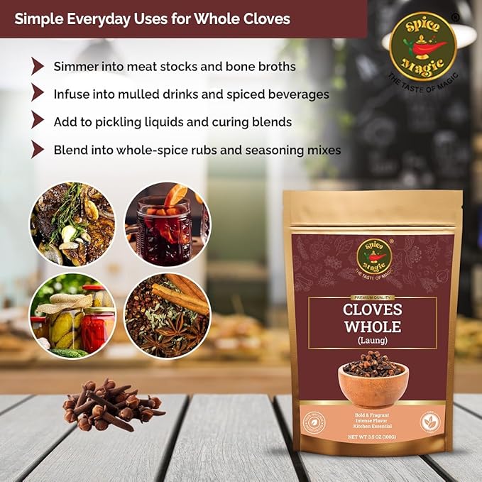 Spice Magic Cloves Whole 3.5 oz (100g) | Pure, Non-GMO, Premium Quality | Aromatic & Richly Flavored | Perfect for Cooking, Baking, Clove Tea, Pomander Balls & Potpourri.