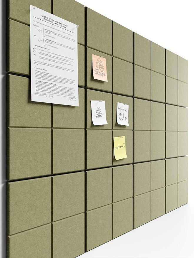 Bumusty Large Felt Bulletin Board, 48" x 36" Cork Board Alternative, 12-Pack Wall Tiles with 4-Compartment Design, 30 Push Pins, 70 Adhesive Tabs, Ideal for Office & Home Decor, Olive Green