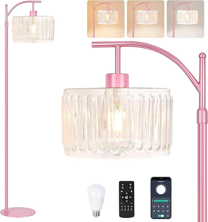 Pink Floor Lamp for Living Room,Bedroom,Gold Dimmable Standing Lamp with Remote,Mid Century Modern Brass Tall Lamp Boho Floor Lamps Arc Stained Glass Flower Floor Light Lamp Girls kids Bohemian