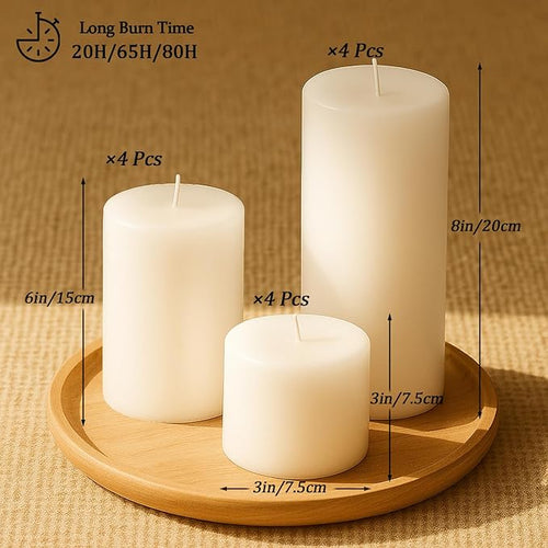 12 Pack Ivory Pillar Candles Bulk Set, 3x3/6/8 Inch - 4 Each Size, Dripless Smokeless Clean Burning for Wedding Centerpieces, Home Decor, Church, Romantic Ambiance！