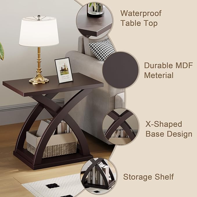 ChooChoo End Side Table, Modern End Table with Storage Shelf, X-Design Side Table Living Room(Espresso)