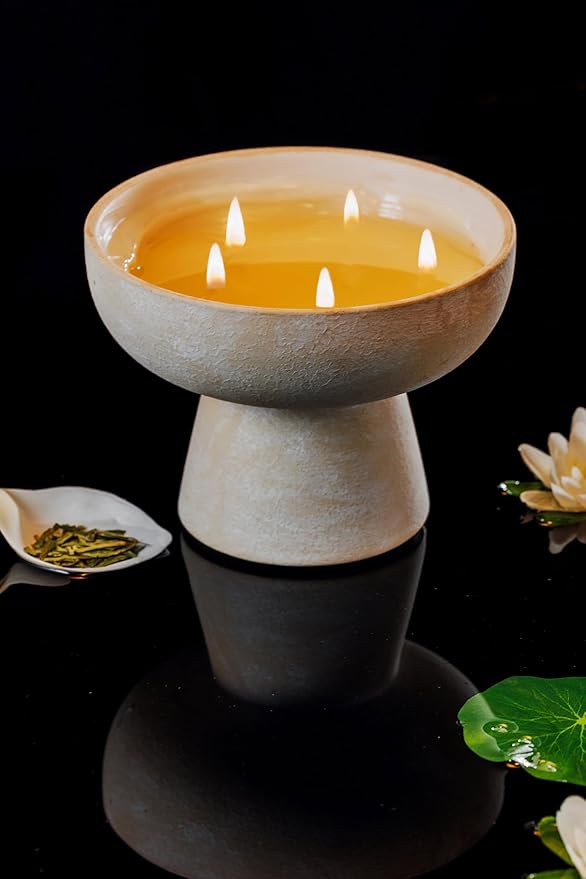 Blueme Balance Candle | White Lotus & Tea | 5 Wick - Refillable Wellness Candle with Essential Oils, Hand Finished & Poured Soy Wax Blend Ceramic Vessel, Natural Cotton Wicks | Large 24 oz