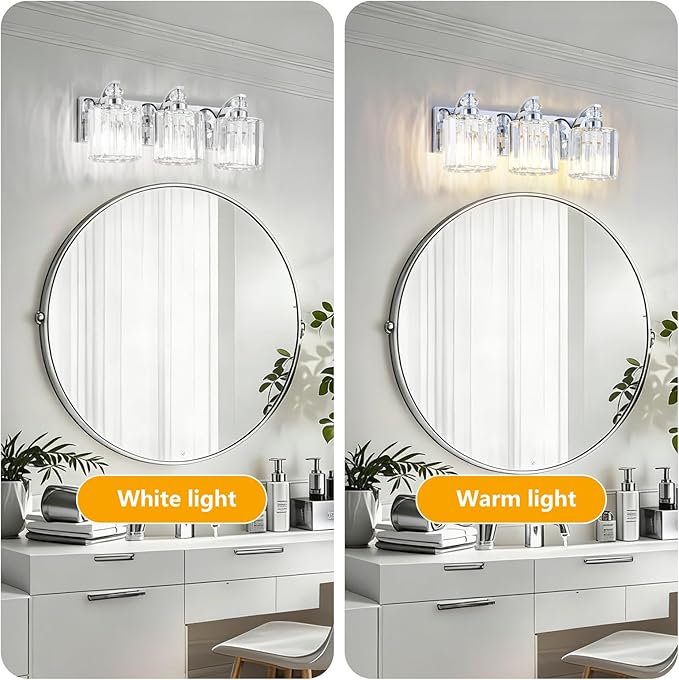 3-Light Modern Bathroom Light Fixture Chrome Vanity Lights Over Mirror Wall Sconce Lighting with K9 Crystal Shades Bathroom Wall Lamp E26 Base for Bedroom, Living Room, Hallway, Cabinet