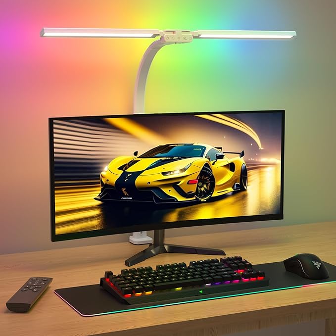Upgraded LED Desk Lamp for Home Office with RGB, Rotatable Computer Desk Light with Remote, Eye Caring Table Lamp with Clamp, Dimmable Dual Head Desk Lighting for Desktop, 22W, White