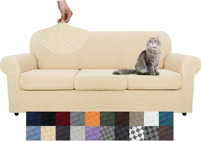 YEMYHOM Latest Checkered 4 Pieces Couch Covers for 3 Cushion Couch Extra Large High Stretch Thickened Sofa Cover for Dogs Pets Furniture Protector Sofa Slipcovers (Beige), 91"-110"(3 Cushions)