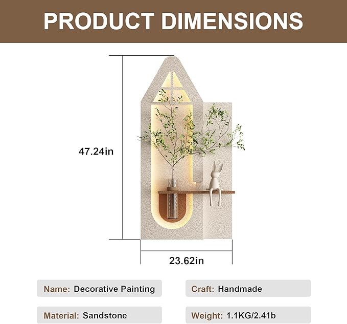 LED Sandstone Wall Decor, 3D Wall Art Sculpture, Simulated Plants, Glass Vase & Remote Control 3 Color Light for Living Room, Bedroom, Corridor(Light Coffee,47.2 * 13in)