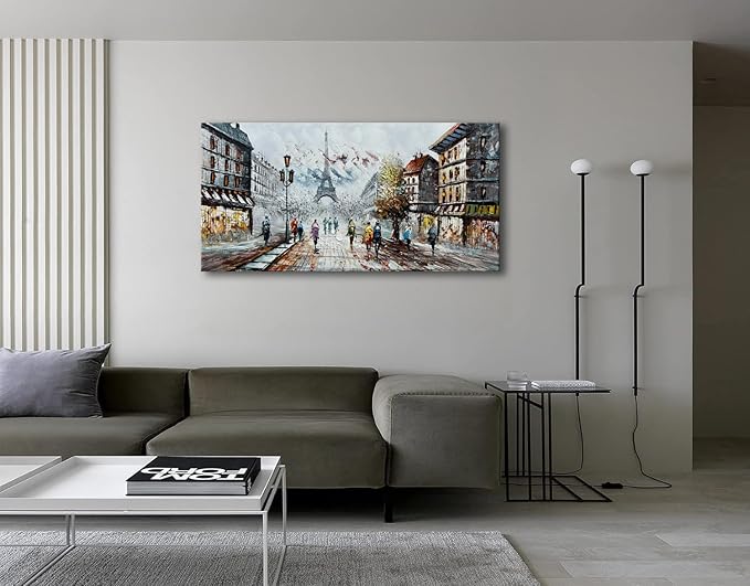 Alenoss Modern Oil Paintings on Canvas Wall Art, Paris Eiffel Tower Landscape Abstract Paintings for Living Room Bedroom Office Wall Decor 48x24 Inches, Ready to Hang