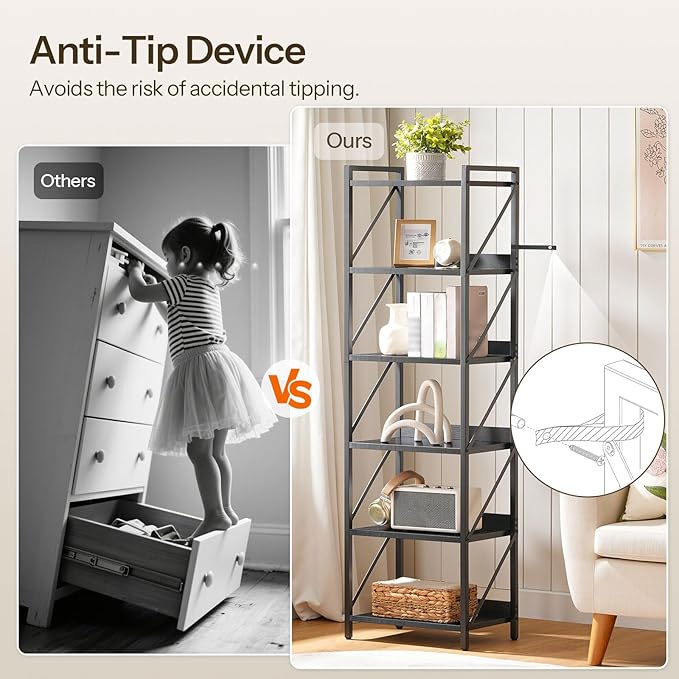 HOOBRO Bookshelf, 6-Tier Industrial Bookcase, Book Shelf Storage Organizer, Tall Bookshelf with Metal Frame for Living Room, Bedroom, Home Office, Kitchen, Black BB72SJ01