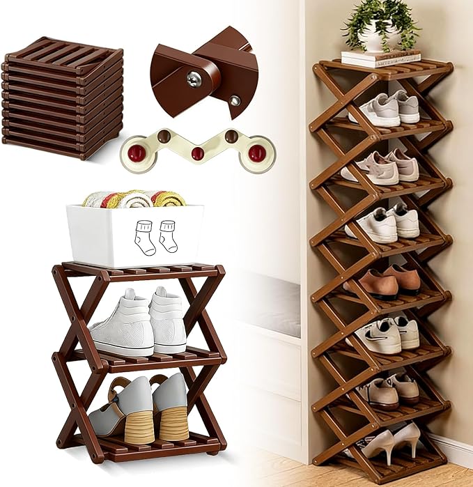 The 9-Tier No-Assembly Bamboo Rack, 2026 Upgraded Foldable 9 Tier Bamboo Corner Shoe Rack, Space-Saving Organizer for Shoes, No Assembly Narrow Shoe Shelf for Entryway Closet Dorm (Brown, 3 Layers)