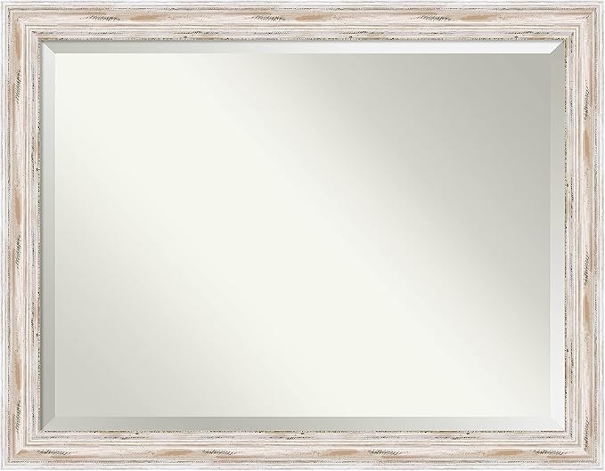 Amanti Art White Wall Mirror 35x45 Alexandria White Wash Rectangle Bathroom Mirror for Wall Decor Living Room, X-Large Cottage Wood Frame, Hangs Horizonally and Vertically, Bathroom Decor, Beveled
