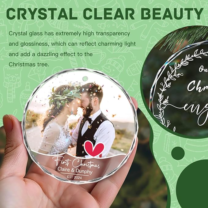 Personalized First Christmas Married Ornament 2024 Photo Text Custom Christmas Ornaments Crystal 2024 Customized Weddings Gifts for Couples Family Friends Xmas Decor