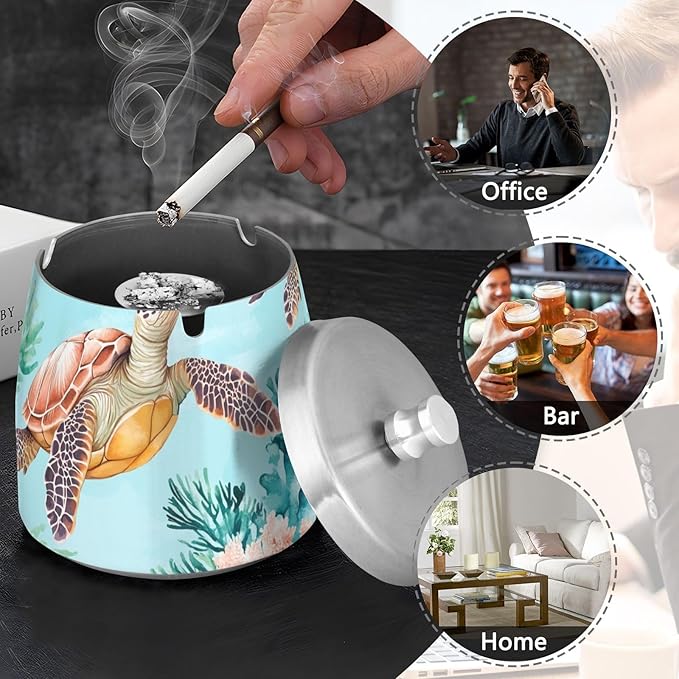 Aqua Sea Turtles Corals Ashtray with Lid, Outdoor Ashtrays for Patio, Stainless Steel Ashtray Odorless Smokeless for Home Office Balcony