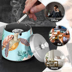 Aqua Sea Turtles Corals Ashtray with Lid, Outdoor Ashtrays for Patio, Stainless Steel Ashtray Odorless Smokeless for Home Office Balcony