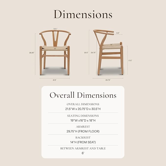 POLY & BARK Weave Dining Chairs – Mid-Century Modern Wishbone Dining Chairs with Arms, Solid Wood Frame, Indoor Use – Natural – Set of 2 - Ideal for Dining Room, Kitchen or Stylish Accent Setting