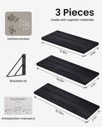 BAYKA Wall Mounted Floating Shelves, Wood Floating Wall Shelf for Books & Decor, Small Space-Saving Display & Organizer（Black，Set of 3）