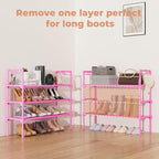 3 Tier Shoe Rack for Closet, Shoe Organizer with 5 Hooks, Long Shoe Shelf Storage for Shoe and Boot Stackable Free Standing Shoe Rack for Entryway, Garage, Small Spaces, Dorm, Pink