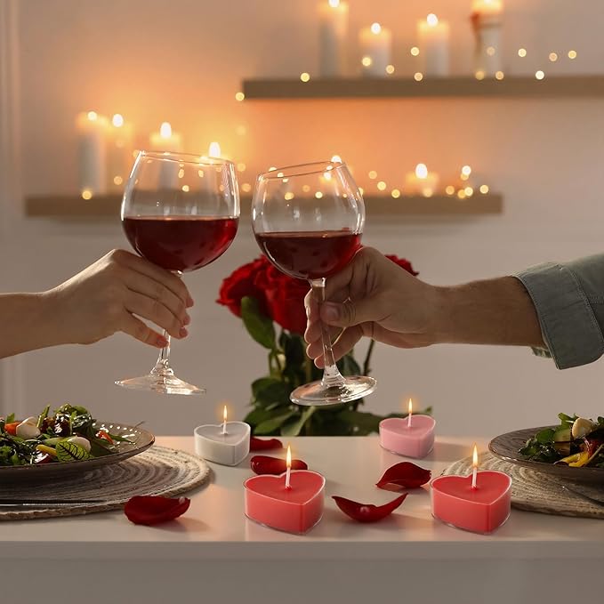Honoson 12 PCS Valentine's Day Heart-Shaped Tealight Candles Pink Red White Tealight Candles Rose Essential Oils Colors 5 Hours Burn Time for Valentine's Day Dating Weddings Romantic Occasions