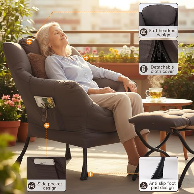 Lazy Chair with Ottoman, Large Lounge Accent Chair with Ottoman and a Throw Pillow, Shadow Grey Reading Chair for Living Room Bedroom Dorm Room Office Apartment Relaxing Use