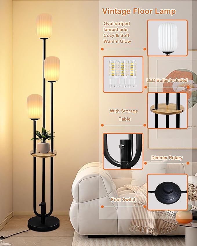Lightdot Black Dimmable Floor Lamp with Shelf, Modern Floor Lamps with Oval Striped Lampshade& Bulb Included 3-Lights Candle Holder Style Tall Lamp for Living Room/Bedroom/Sofa Beside/Corner Decor