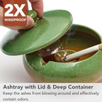 Ashtray with Lid for Outside Patio, Windproof Ash tray, Ceramic Smokeless Ashtray for Outdoor Home Office Tabletop Patio Outdoor Balcony, Green