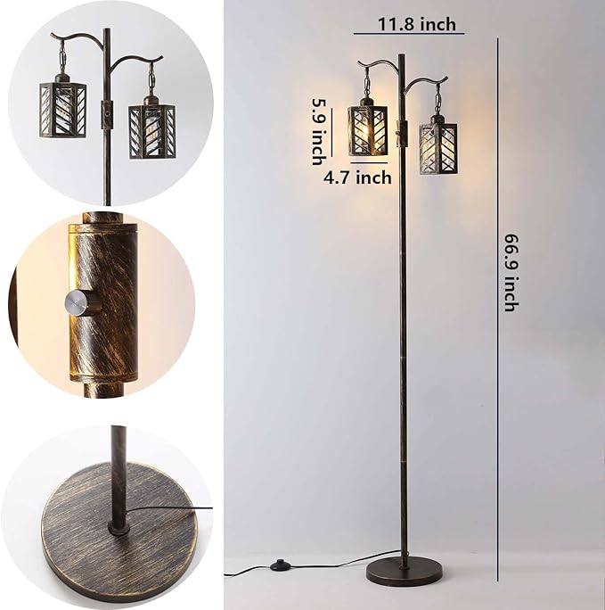 Industrial,Vintage Dimmable Floor Lamp,2 Classical Lanterns Standing Lamp, Rustic Farmhouse Floor Lamp with Bronze Gold Finish, for Living Room Bedroom (Bronze)
