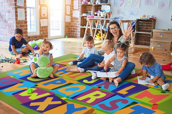 Booooom Jackson Classroom Rug Elementary 6’7'’ x 9', ABC Classroom Carpet Green Preshool Rugs for School, Classroom Area Rug Educational Carpet with Alphabet Non-Slip Backing,