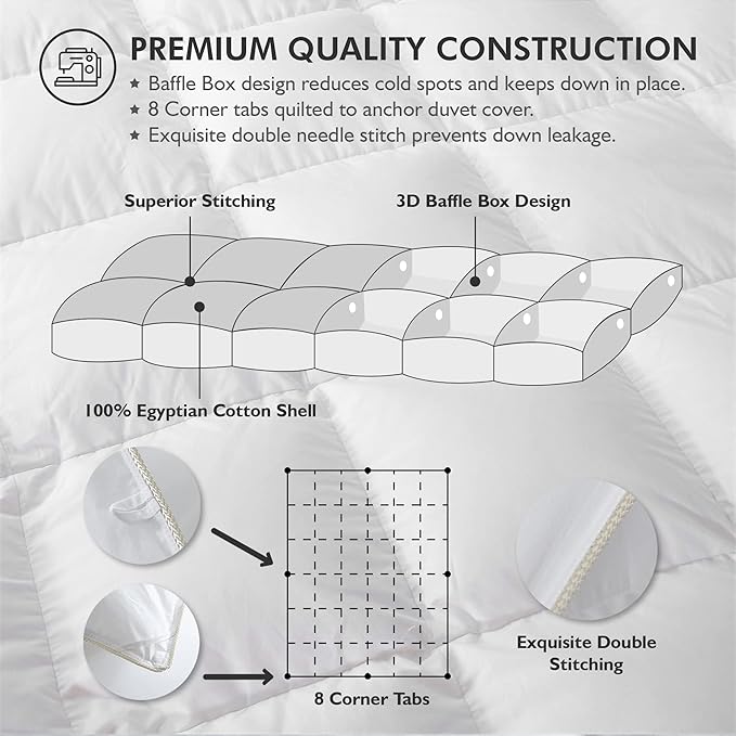 Luxurious White Solid Medium Weight, King Size Goose Feathers Down Comforter for All-Season Weather Duvet Insert, Premium Baffle Box, 100% Egyptian Cotton Cover, 65 oz. Fill Weight