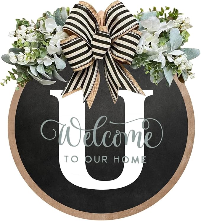 Circular Surname Front Door Welcome Sign - 26 Letter House Wreath, Front Porch Decorations, Year-Round Home Decor (U)