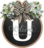Circular Surname Front Door Welcome Sign - 26 Letter House Wreath, Front Porch Decorations, Year-Round Home Decor (U)