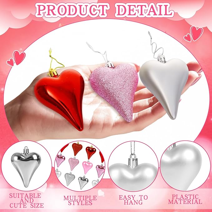 18 Pcs Valentines Tree Heart Ornaments Red Pink Silver Heart Shaped Valentines Tree Decorations 3 Style 3.2" Valentine Ornaments for Christmas Tree Anniversary,Wedding,Party Decoration
