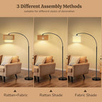Arc Floor Lamp for Living Room, Rattan Boho Floor Lamp with Remote Control, Black Standing Lamp with 3 Color Temperatures & Dimmable LED Bulb, Tall Lamp for Bedroom, Over Couch Arched Reading Light