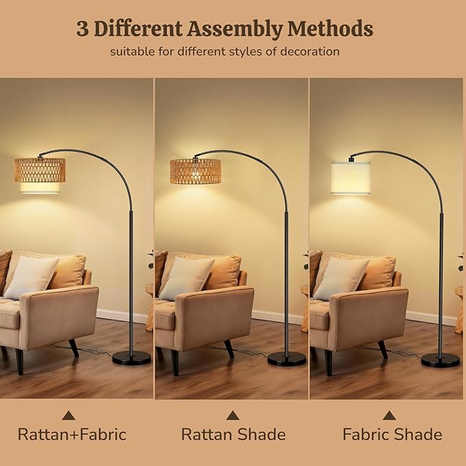 Arc Floor Lamp for Living Room, Rattan Boho Floor Lamp with Remote Control, Black Standing Lamp with 3 Color Temperatures & Dimmable LED Bulb, Tall Lamp for Bedroom, Over Couch Arched Reading Light