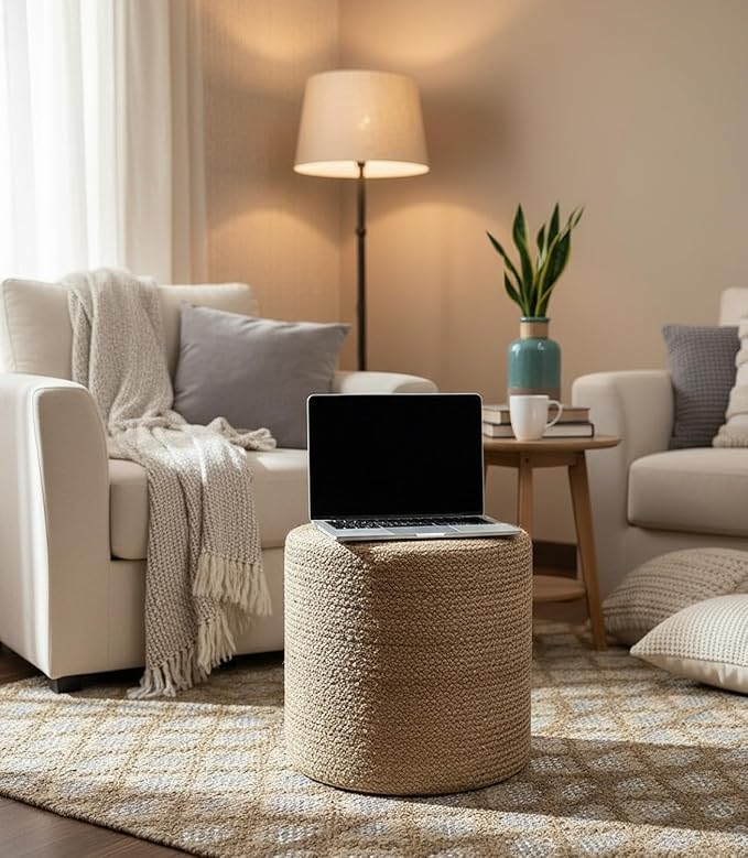 Jute Pouf Ottoman | Footrest Pouf | Hand Braided - Round Boho Pouffe - for Living Room, Bedroom, Nursery (16"x16"x16") Ivory