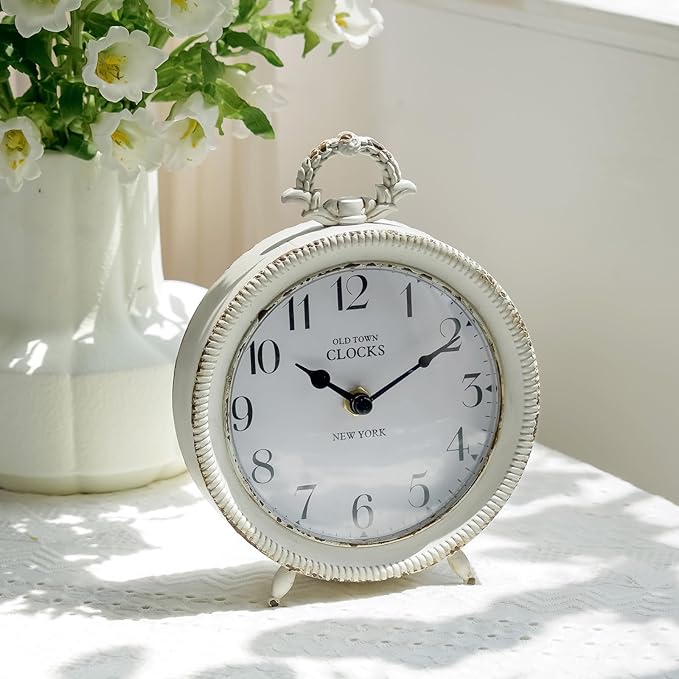 NIKKY HOME Table Clock, Vintage Desk Clock, Antique White Finish Table Clocks, Non-Ticking Battery Operated Decorative Shelf Clock for Living Room Bedroom Gift Clocks