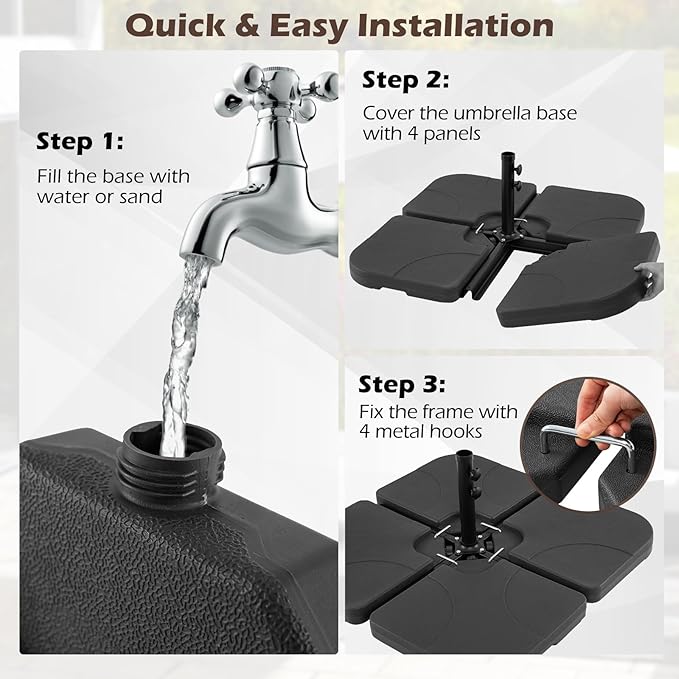 Tangkula Umbrella Base Set of 4, Cantilever Offset Umbrella Stand with HDPE Frame, Water & Sand Filled Refillable Base, Easy-Fill Spouts for Patio, Poolside (Black)