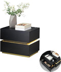Black Nightstand, LED Fluted Night Stand with Charing Station, Small Nightstand 2 Drawers, Bedside Table with USB Ports, Modern End Side Table for Bedroom/Livingroom