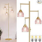 Dimmable Floor Lamp for Living Room, Bedroom, Gold Standing Lamp with 3pcs 6W Bulbs, Vintage Brass Floor Lamps for Corner, Nursery (Pink Tulip)