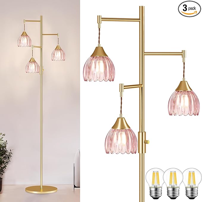 Dimmable Floor Lamp for Living Room, Bedroom, Gold Standing Lamp with 3pcs 6W Bulbs, Vintage Brass Floor Lamps for Corner, Nursery (Pink Tulip)