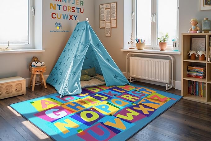 Booooom Jackson Kids Rug ABC Educational Rugs, 4'11x6'67'' Non-Slip Alphabet Carpet Preshool Rug for Kidsroom, Playroom, Daycare, School, Classroom Blue