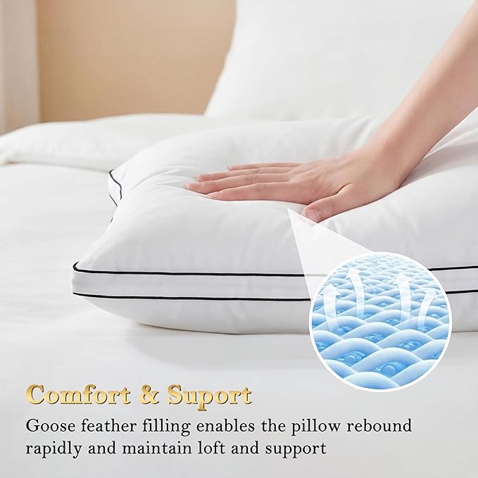 Feather Pillows King Size Set of 2 Goose Down Pillows with 100% Breathable Cotton Cover, Hotel Collection Bed Pillows for Sleeping, Soft Support for Back, Stomach and Side Sleepers