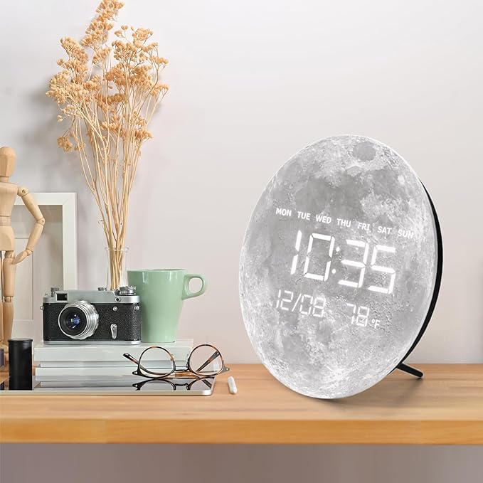 Digital Wall Clock, LED Moon/Earth Design, Temperature Display, 7.87 x 7.87 inches (Moon, 12.59 INCH)