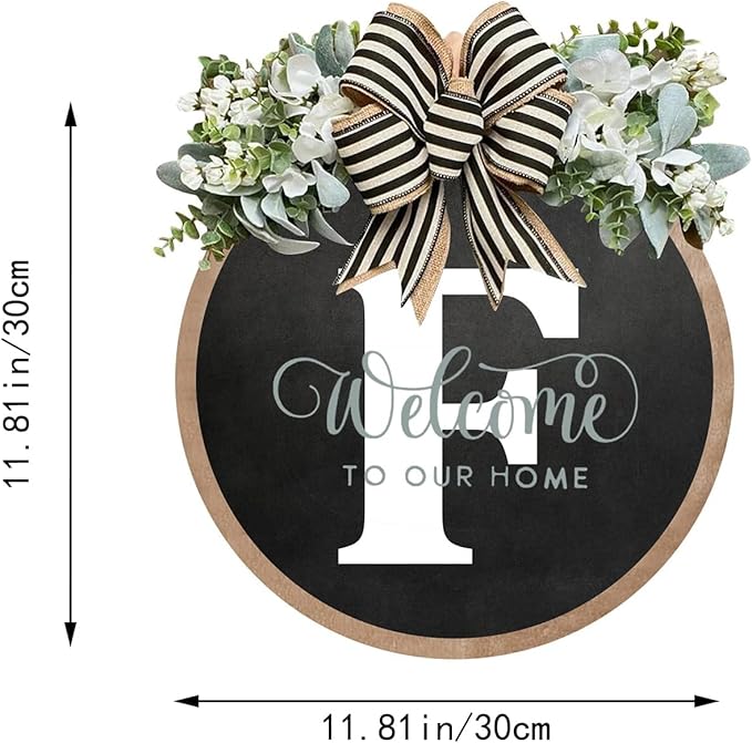 Circular Surname Front Door Welcome Sign - 26 Letter House Wreath, Front Porch Decorations, Year-Round Home Decor (F)