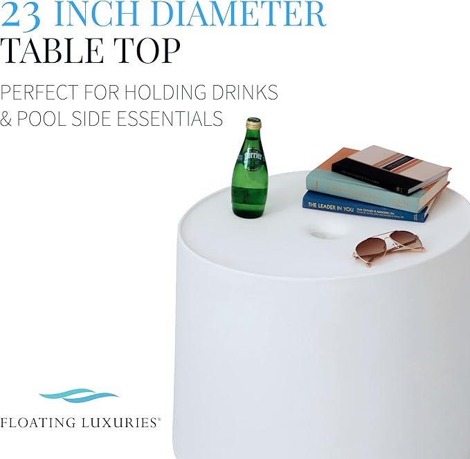 Floating Luxuries in Pool Kai Side Table with Umbrella Hole, White Umbrella Stand Table for Pool Shelf, Up to 15 Inches of Water, Holds Umbrella 1.5 Inches Diameter