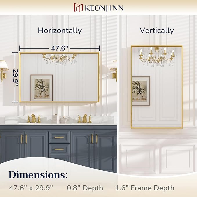 Keonjinn Gold Bathroom Mirror 48 x 30 Inch, Gold Trimmed Bathroom Wall Mirror, Large Brushed Metal Frame Mirrors for Over Sink, Modern Farmhouse Vanity Rectangle Mirrors(Horizontal/Vertical)