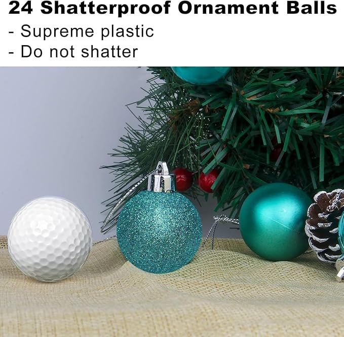 Teal 1.6" Small Christmas Balls Christmas Tree Decoration Ornaments Shatterproof Hanging Balls for Birthday Halloween Holiday Wedding Decorations Set of 24pcs