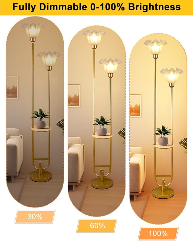 Dimmable Flower Floor Lamps with Table, 2-Lights Dimmable Floral Floor Lamp, 3000K Warmwhite Candle Holder Style Modern Floor Lamp, Rustic Gold Standing Lamp for Living Room Bedroom