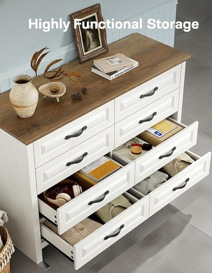 Marsail Farmhouse 8 Drawer Dresser, Wood Chest of Drawers with Natural Texture, Smooth Gliding Drawers, Versatile Storage Organizer Cabinet for Bedroom & Living Room, White and Brown