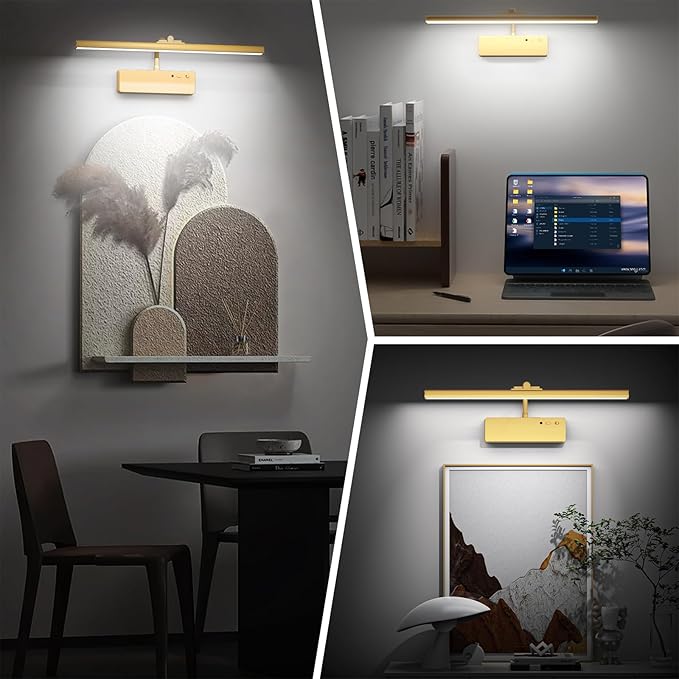 Picture Light, 15.35inch Wireless Picture Lights for Wall Rechargeable, 5400mAh Battery Wall Light with Remote, 3 Color Art Lighting for Paintings with Timer and Dimmable Artwork Display (Gold-2PCS)