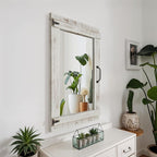 Oakrain Farmhouse Mirror, 24x32 Inch Distressed Gray Wood Frame with Black Metal Hinges, Rustic Wall Mirror for Bathroom, Living Room, Entryway, Bedroom