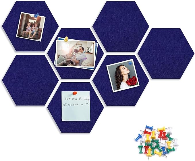 8 Packs Royal Blue Hexagon Felt Pin Board, 12" Bulletin Board with 30 Push Pins, Felt Board for Home Kitchen Office Decor, Self-Adhesive Corkboard Tiles for Walls School Message Photos Memos